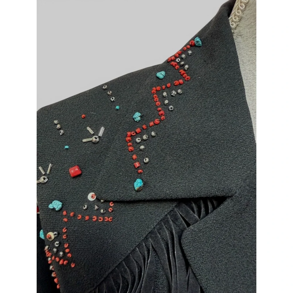 CAROLE‎ LITTLE Fringe Western Jacket Womens 6 Black Beaded Vintage Southwestern